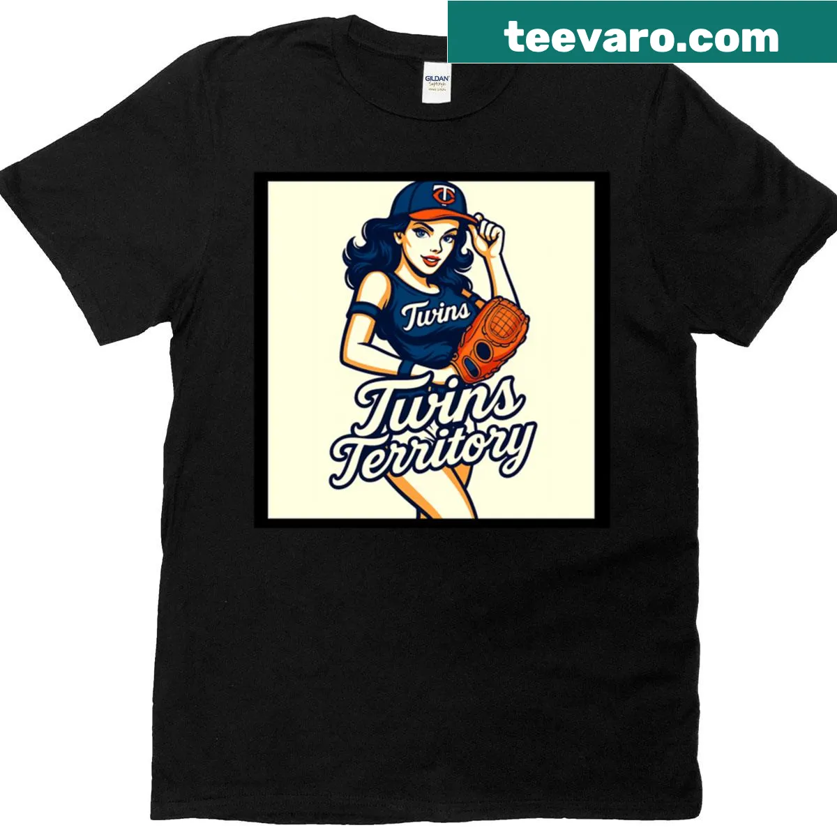Pin-up style t-shirt celebrating Minnesota Twins baseball — on a men's t-shirt