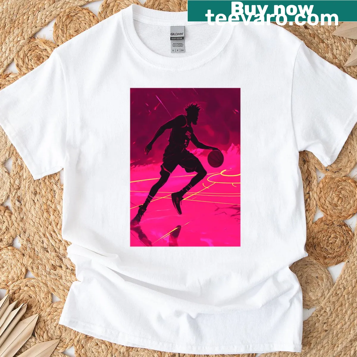 Monochrome silhouette of a basketball player against a neon court — on a men's t-shirt