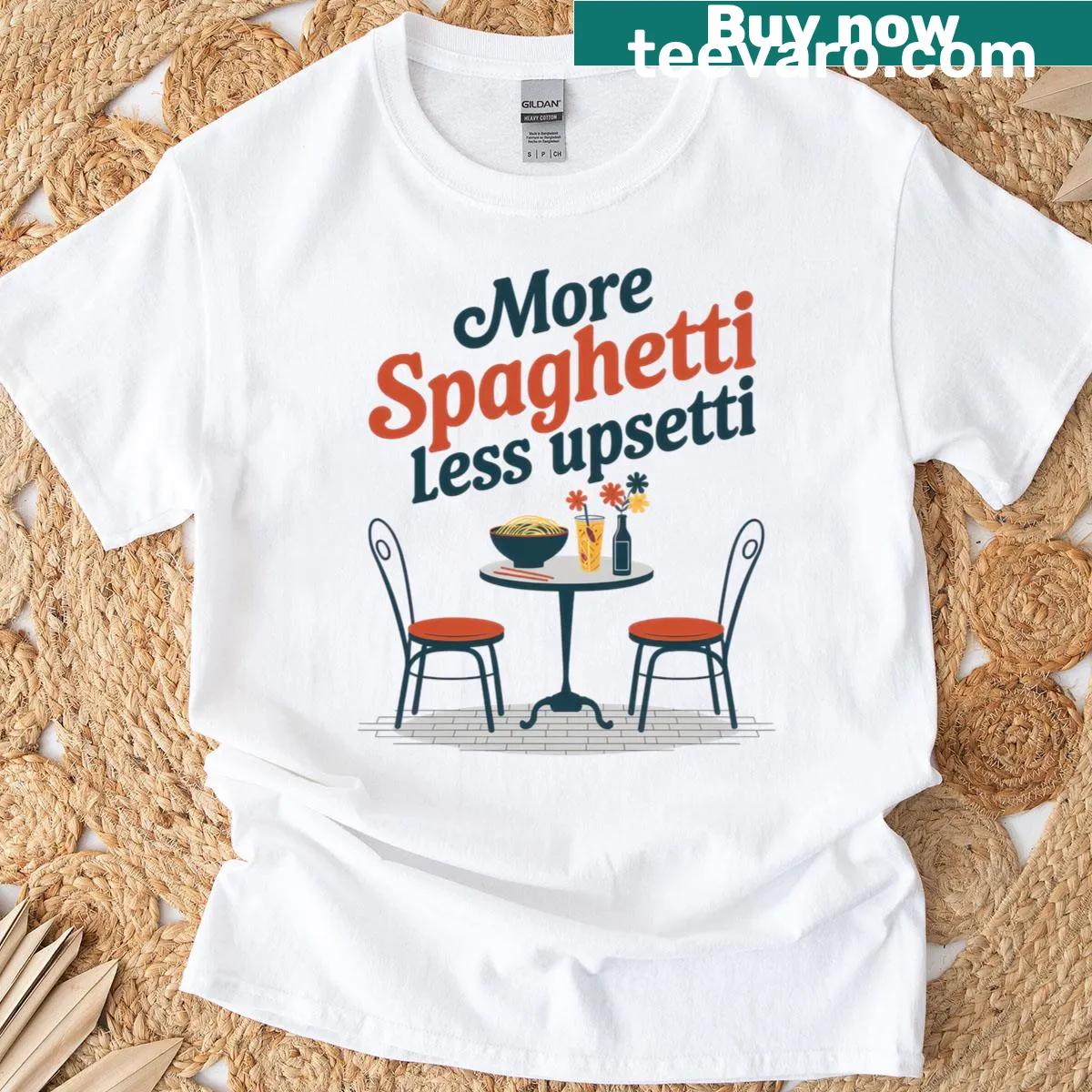 Spaghetti and food-themed humorous T-shirt with text design — on a men's t-shirt