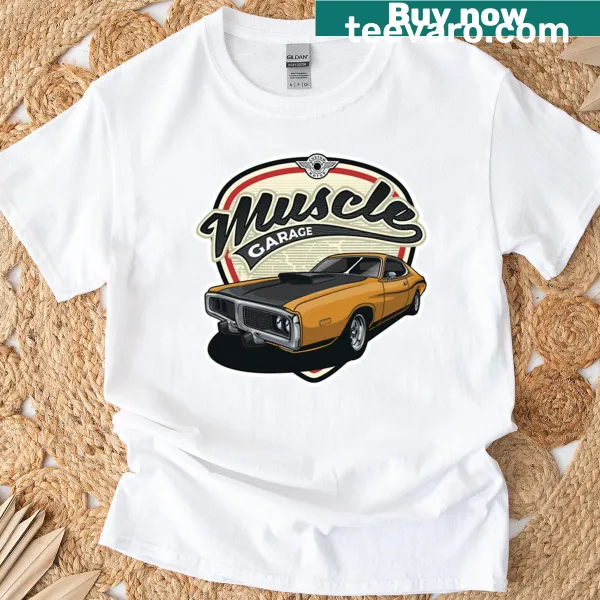 Muscle car themed T-shirt with garage design illustration