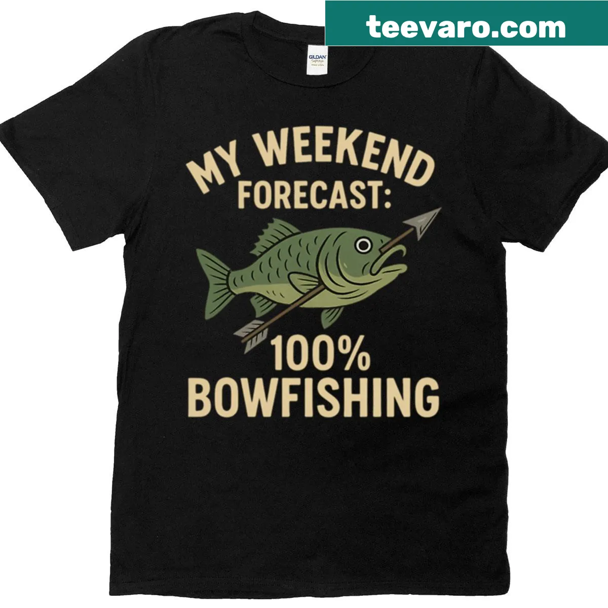 Humorous T-shirt with a bowfishing forecast graphic and text. — on a men's t-shirt