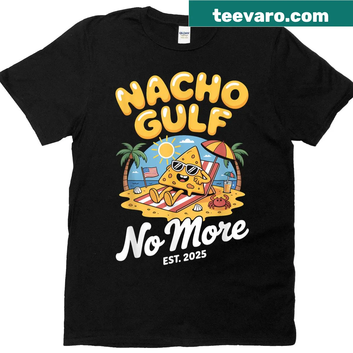 Funny beach-themed t-shirt with American flag and humorous text — on a men's t-shirt