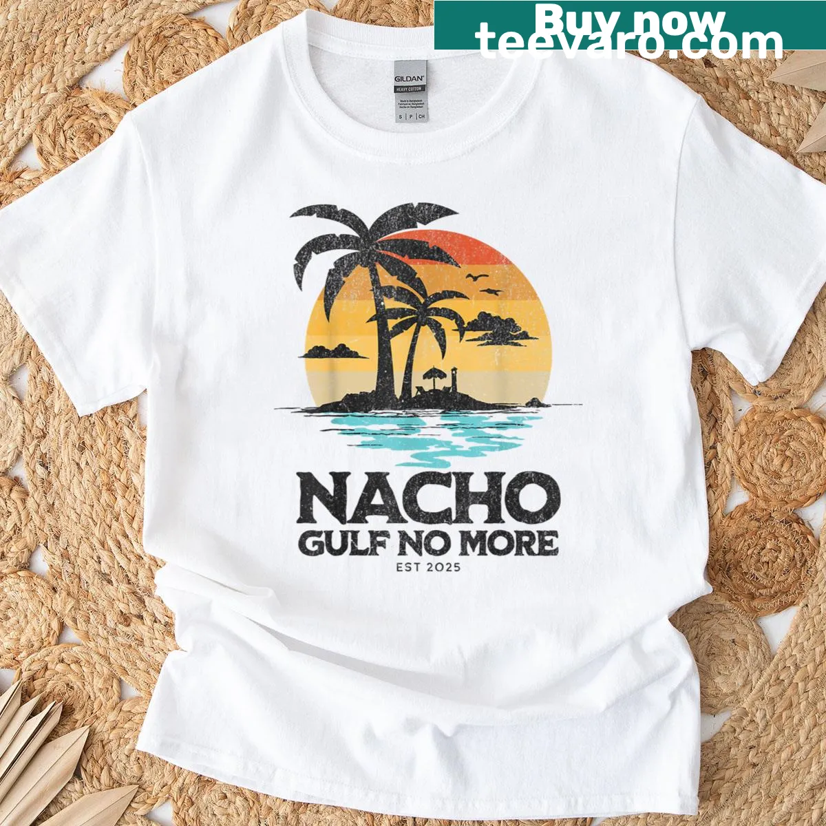 T-shirt with vintage sunset design celebrating Nacho Gulf opening — on a men's t-shirt