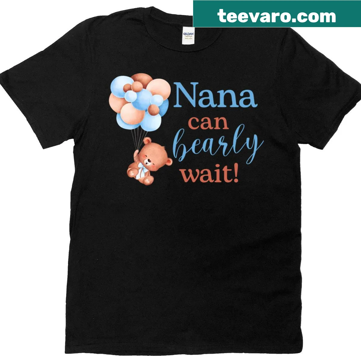 Cute baby shower t-shirt featuring 'Nana Can Bearly Wait' and a bear graphic — on a men's t-shirt