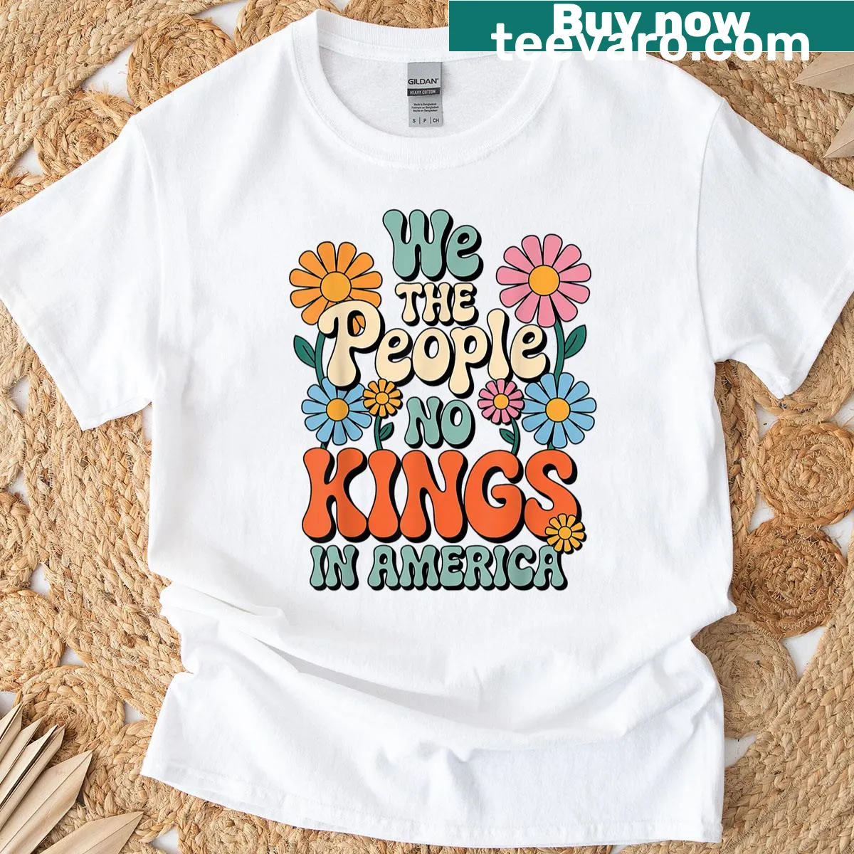 Patriotic t-shirt with 'No Kings In America We The People' text — on a men's t-shirt