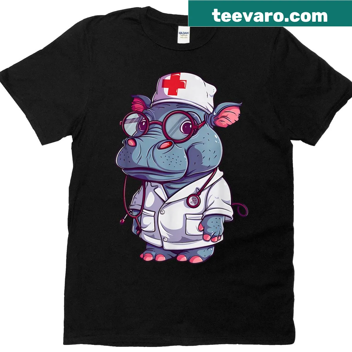 Hippo nursing t-shirt with stethoscope design — on a men's t-shirt