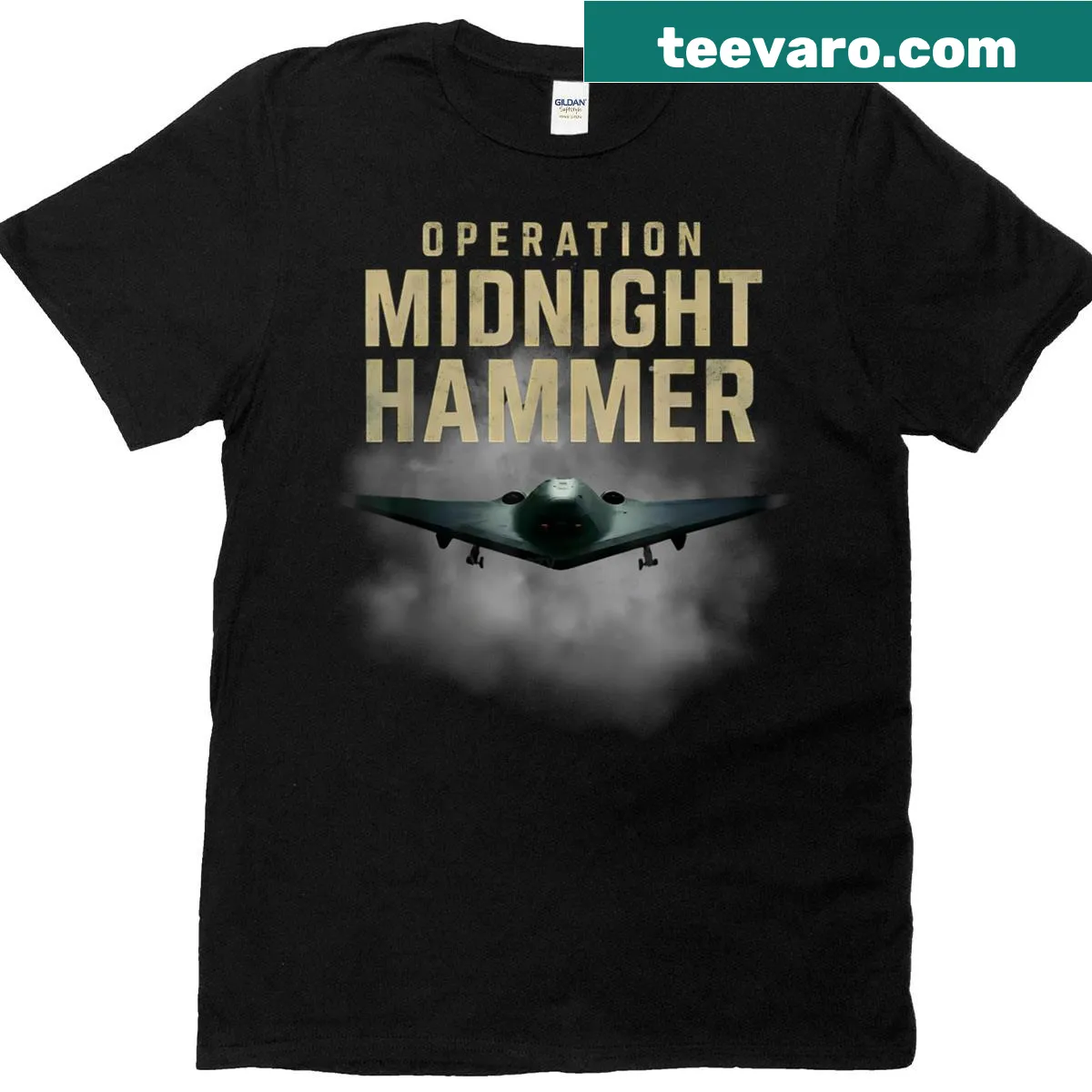 Military t-shirt featuring B2 Stealth Bomber and Operation Midnight Hammer graphic — on a men's t-shirt