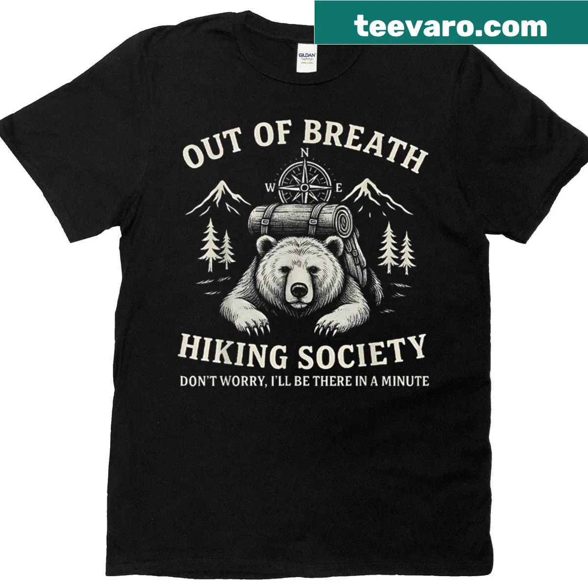 Funny hiking T-shirt with 'Out Of Breath Hiking Society' slogan — on a men's t-shirt