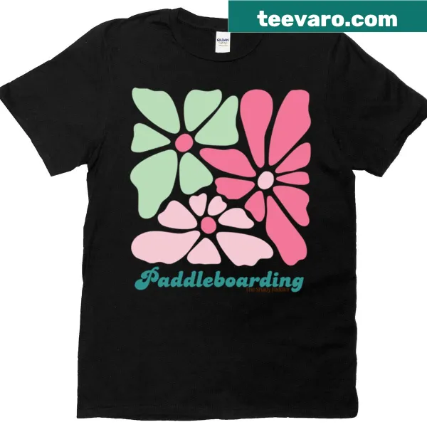 Retro floral design paddleboarding t-shirt featuring aquatic themes