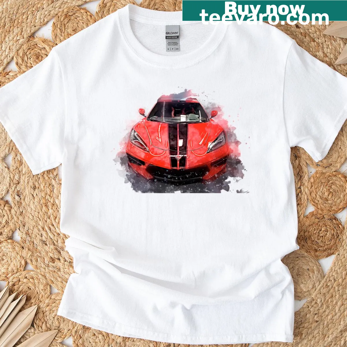 Illustration of a classic red sports car on a t-shirt — on a men's t-shirt