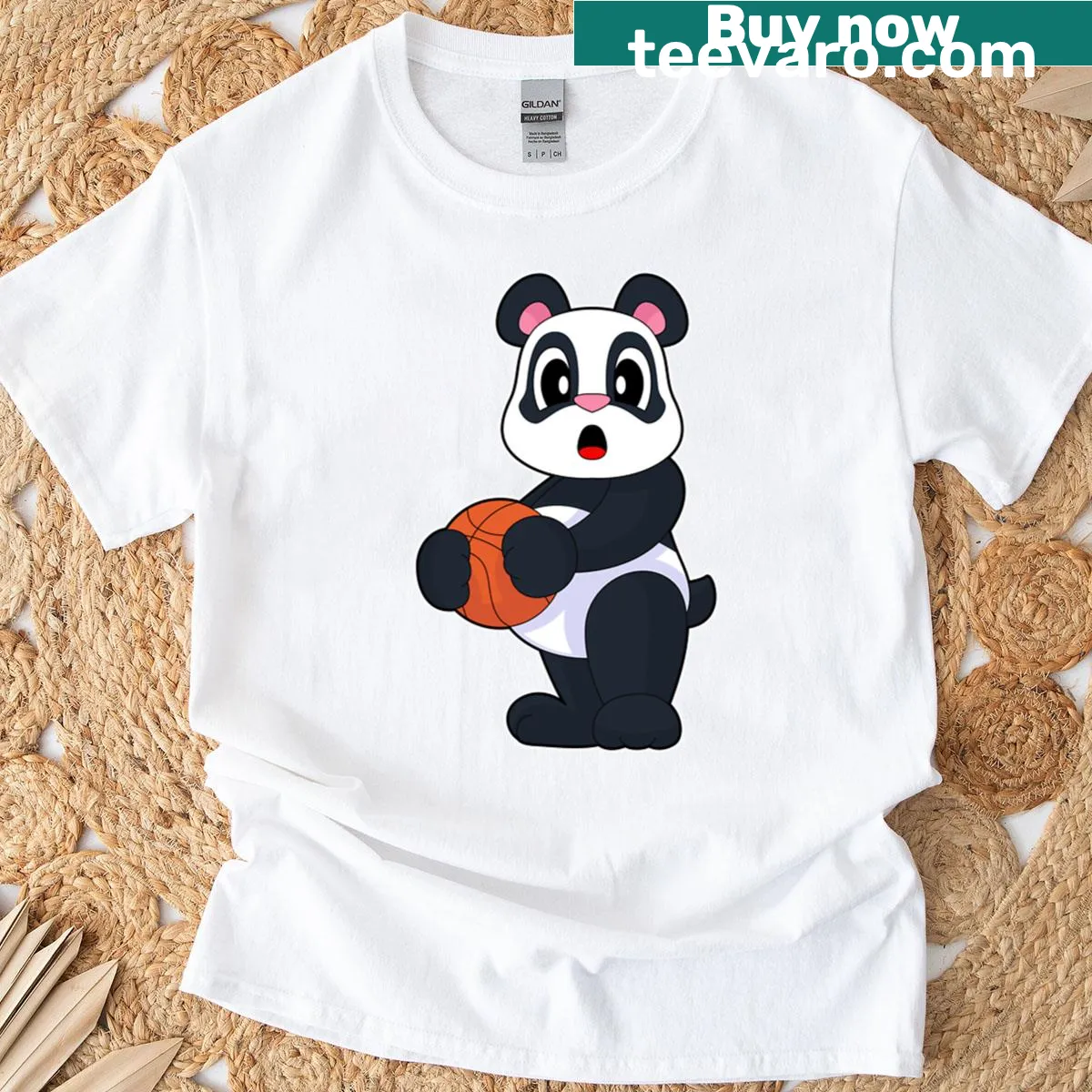 Oversized t-shirt featuring a panda basketball player — on a men's t-shirt