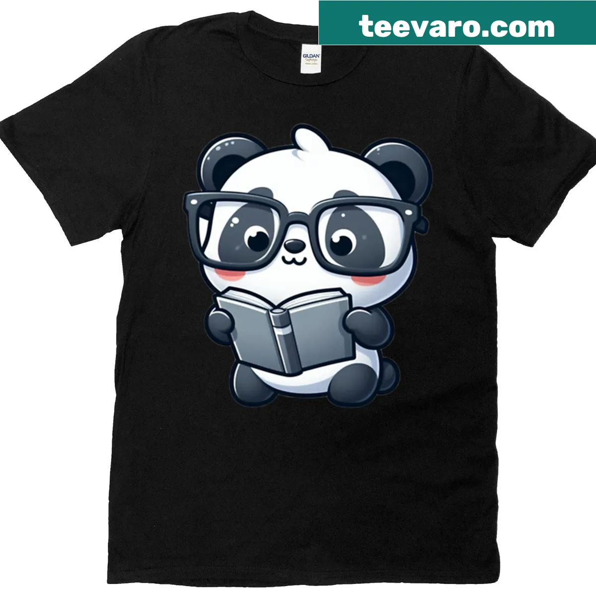 Cartoon panda librarian surrounded by books in a cute design — on a men's t-shirt