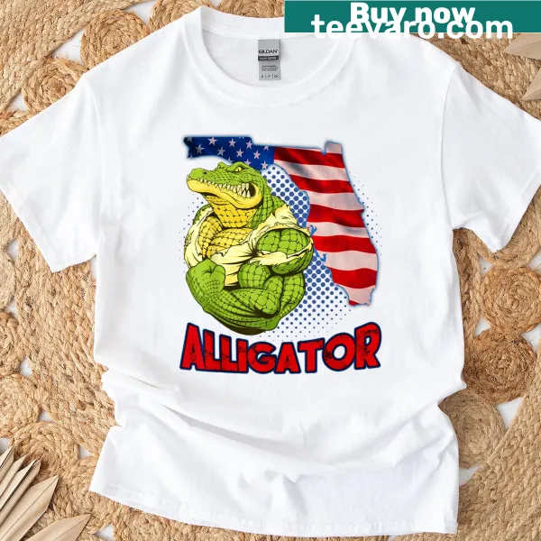 Patriotic alligator t-shirt featuring American flag design