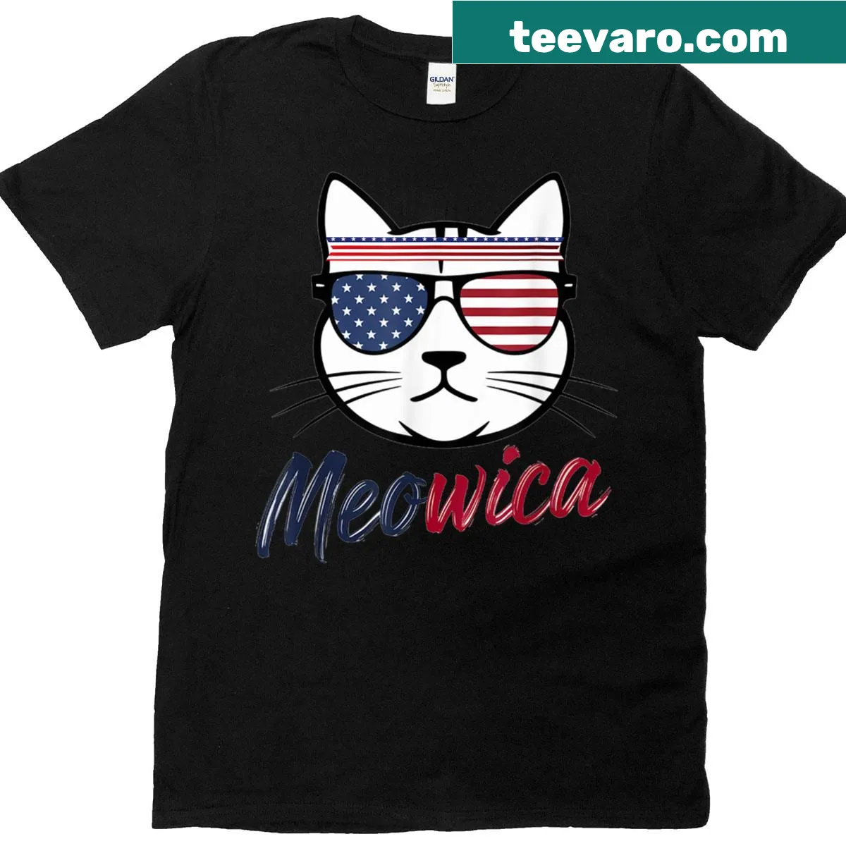Patriotic cat design for the Fourth of July with fun elements — on a men's t-shirt