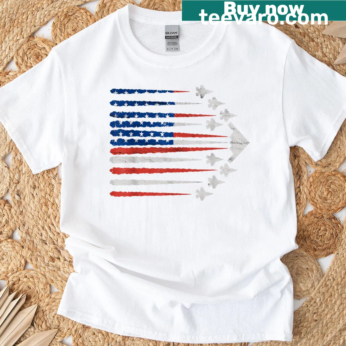 Fighter jets t-shirt featuring USA flag design for Fourth of July — on a men's t-shirt