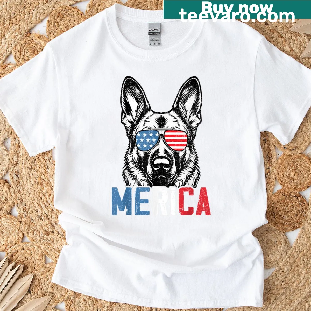 Funny t-shirt featuring a patriotic German Shepherd and the word 'Merica' — on a men's t-shirt