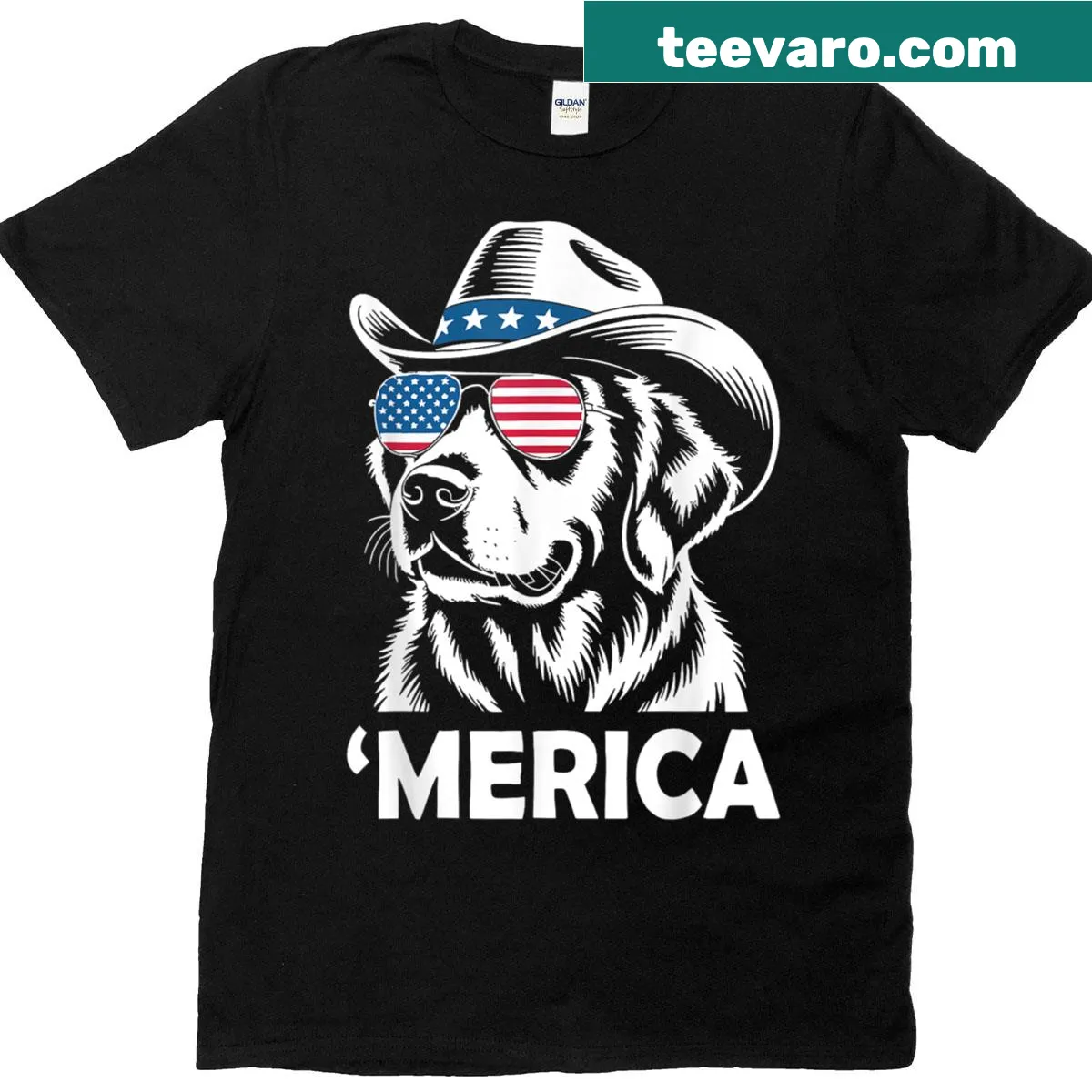 Labrador Retriever with US flag in a patriotic design — on a men's t-shirt