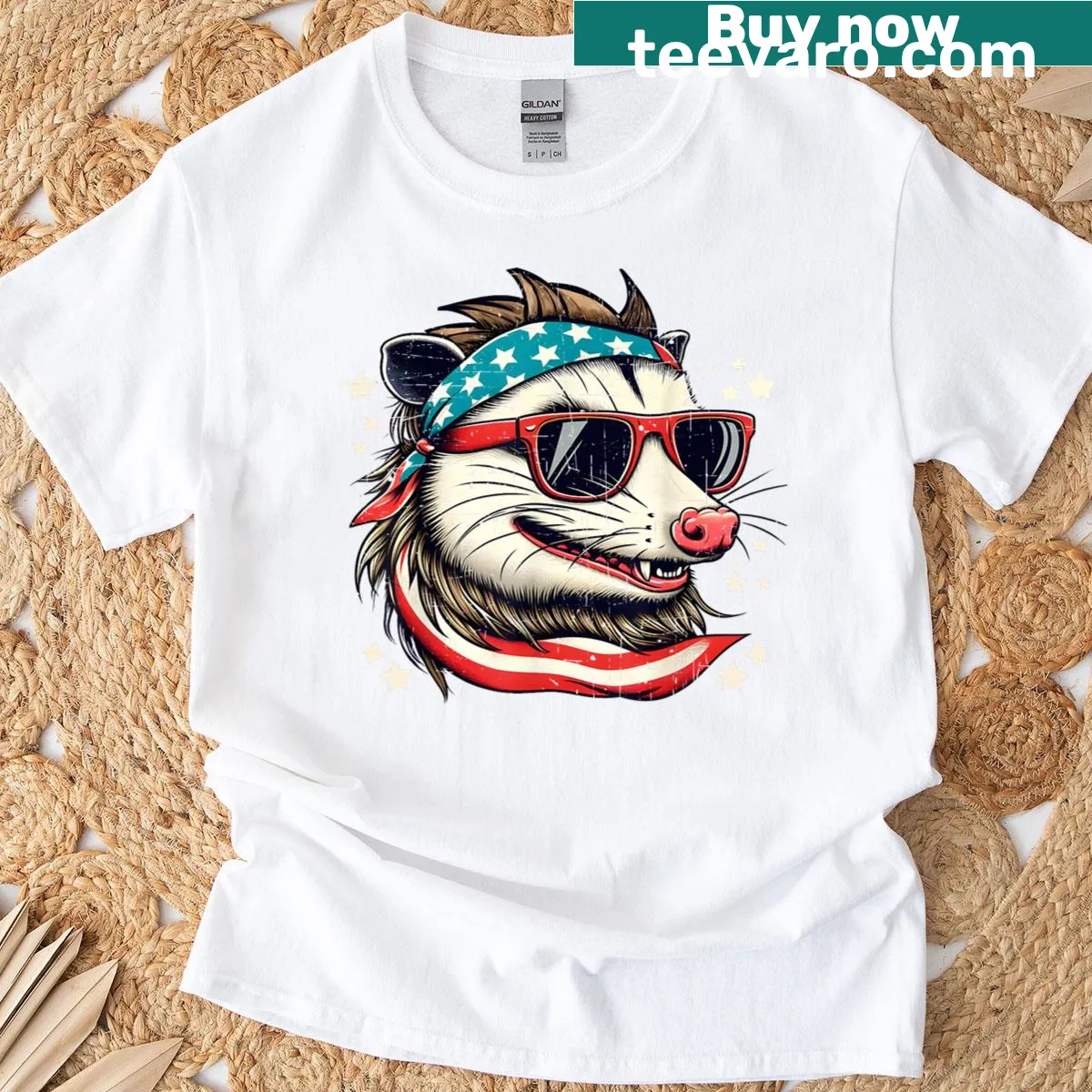 Patriotic t-shirt featuring a funny opossum graphic for July 4th. — on a men's t-shirt