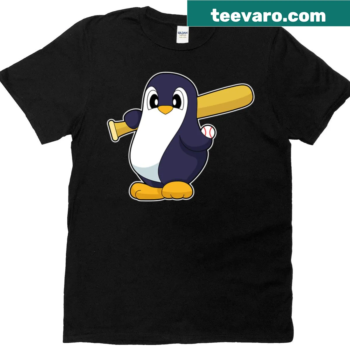 Playful penguin character swinging a baseball bat in an illustration — on a men's t-shirt