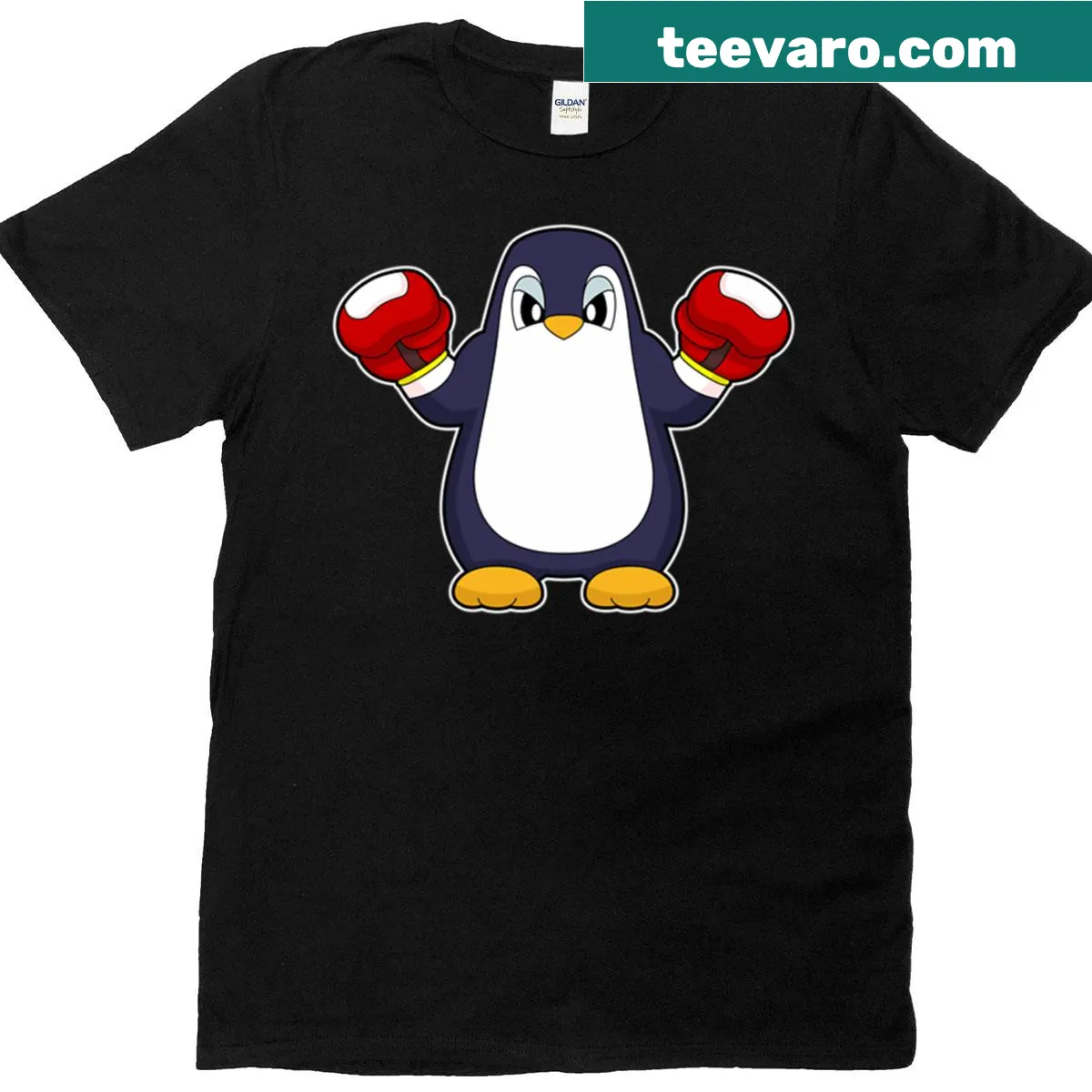 Cartoon penguin with boxing gloves design on t-shirt — on a men's t-shirt