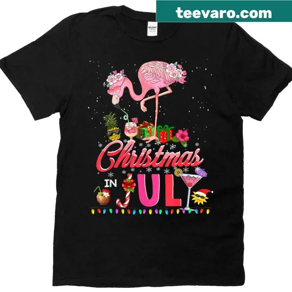 Cute T-shirt featuring a pink flamingo in a Santa hat