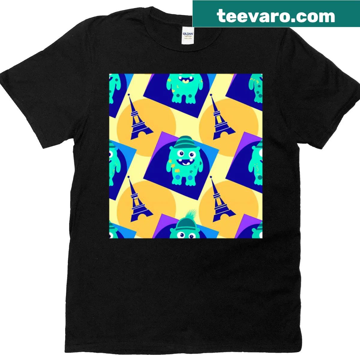 Cute illustration of playful monsters around the Eiffel Tower — on a men's t-shirt