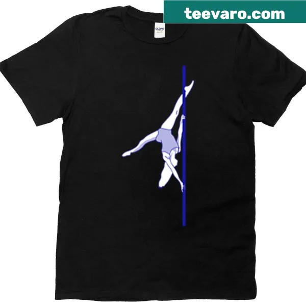 Minimalist line drawing of a pole dancing woman on a T-shirt