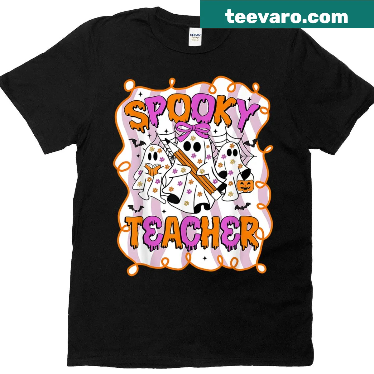 Funny Halloween t-shirt for teachers with spooky graphics and a bow — on a men's t-shirt