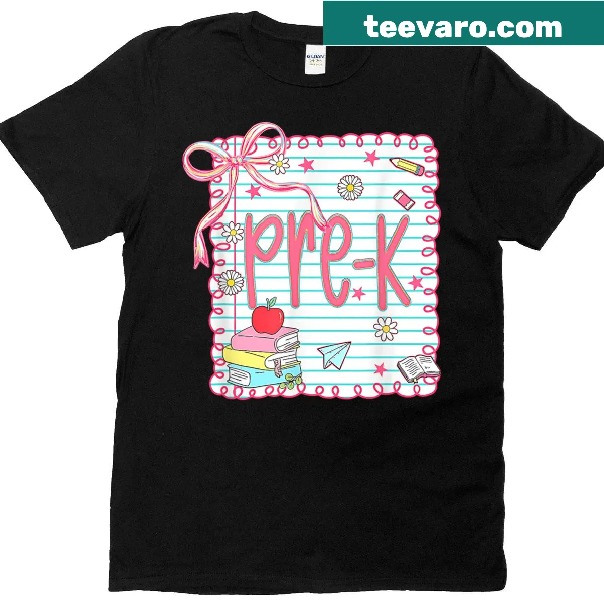 Pre-k teacher t-shirt with coquette bow and back-to-school theme — on a men's t-shirt