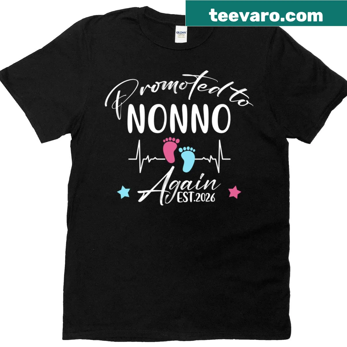 Funny T-shirt for grandfathers with heartbeat graphic saying 'Promoted To Nonno Again 2026' — on a men's t-shirt