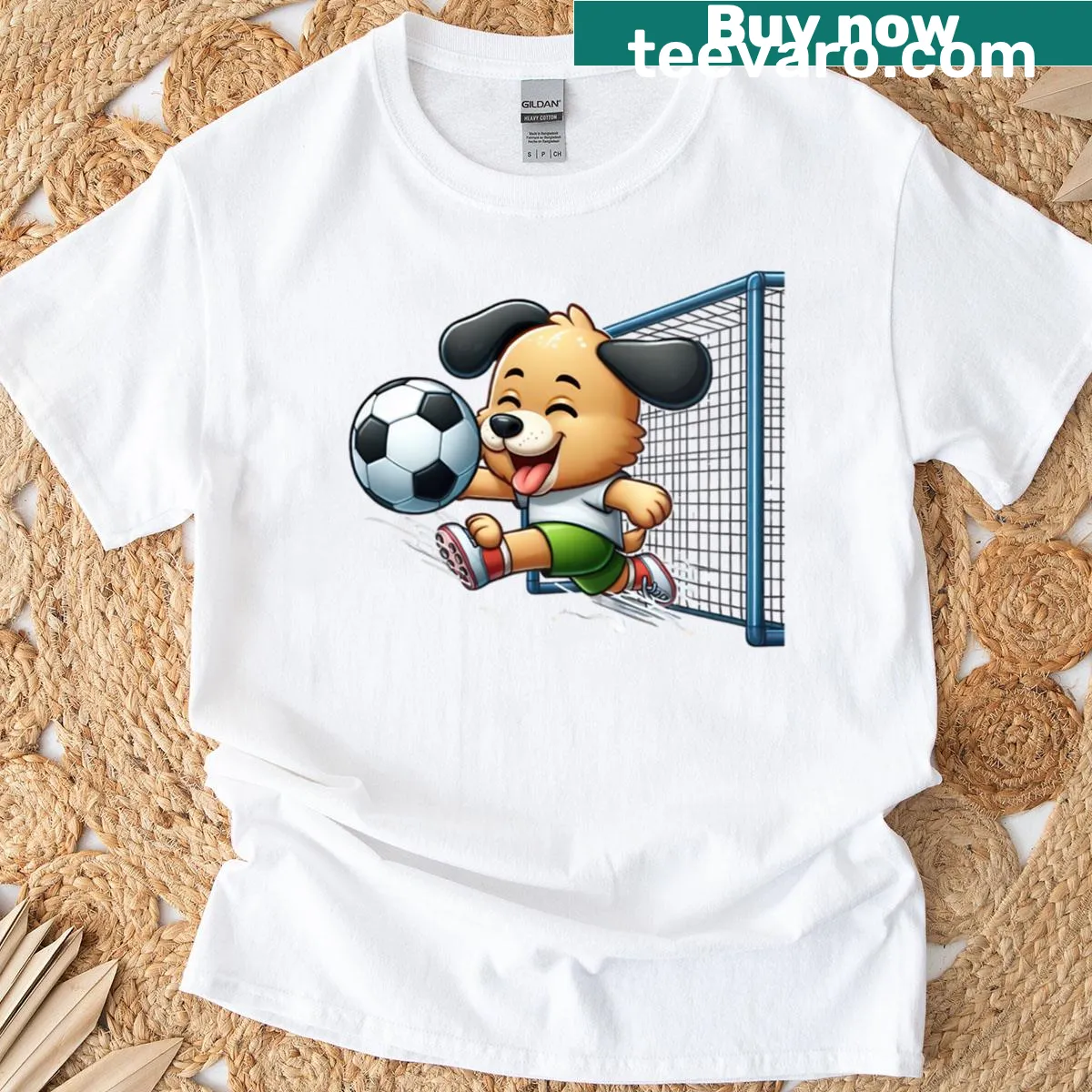 Adorable puppy scoring a goal graphic T-shirt — on a men's t-shirt