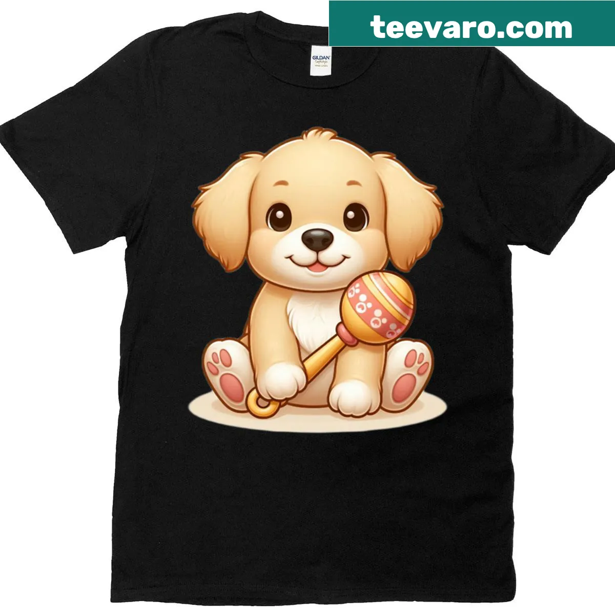 Oversized T-shirt with a cute puppy cartoon playing with a rattle — on a men's t-shirt