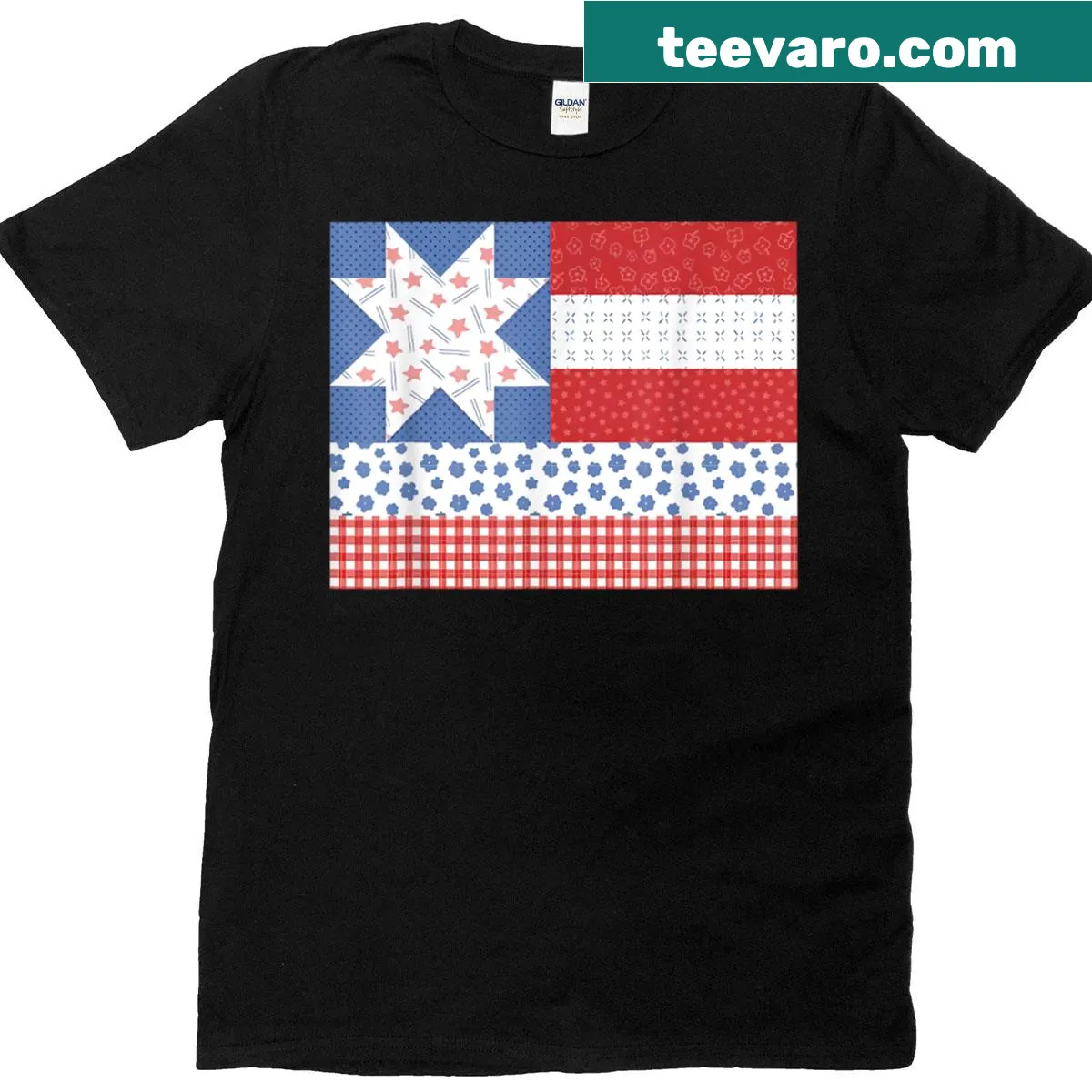 Funny quilting t-shirt with sewing machine and American flag — on a men's t-shirt