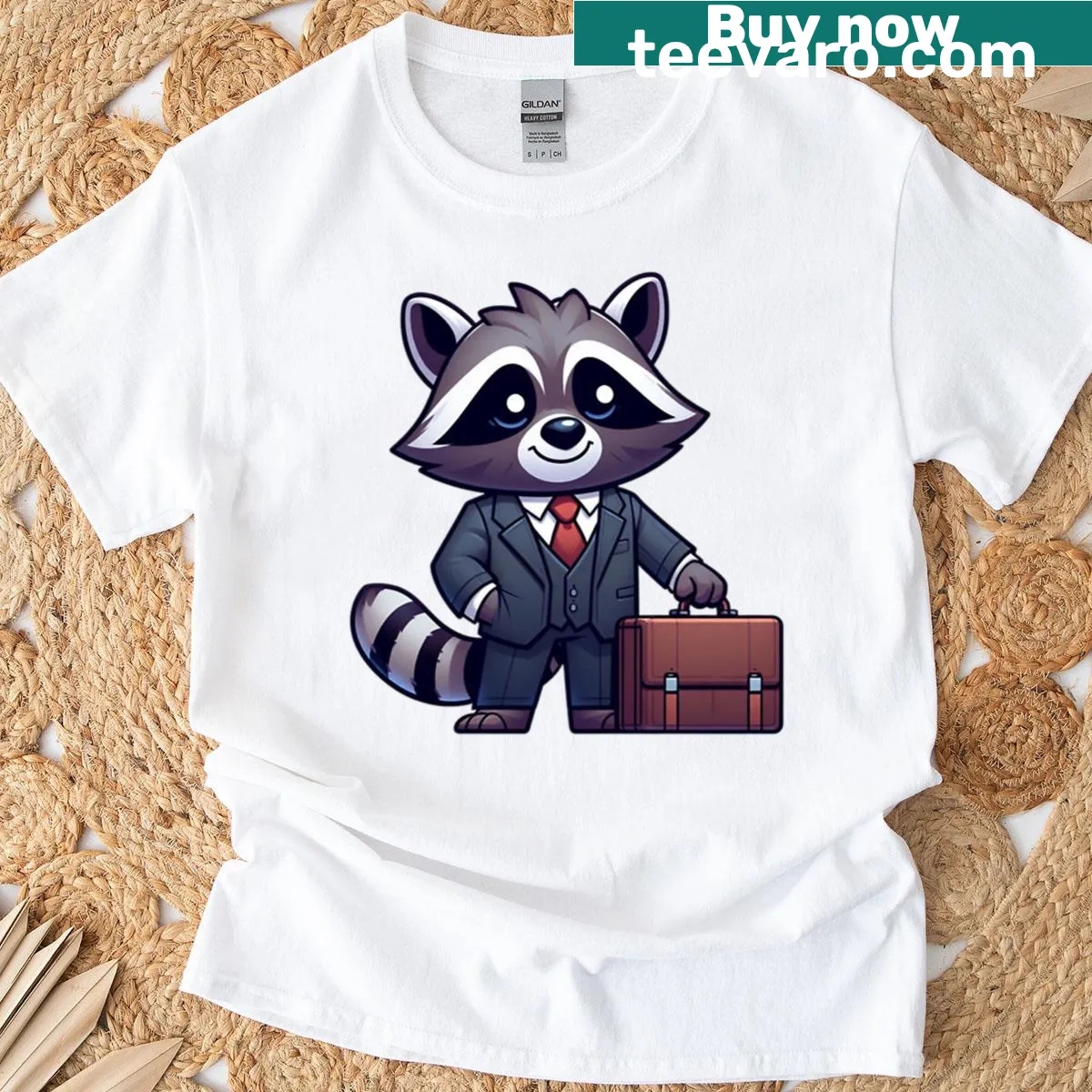 Cartoon raccoon businessman graphic T-shirt for humorous wear — on a men's t-shirt