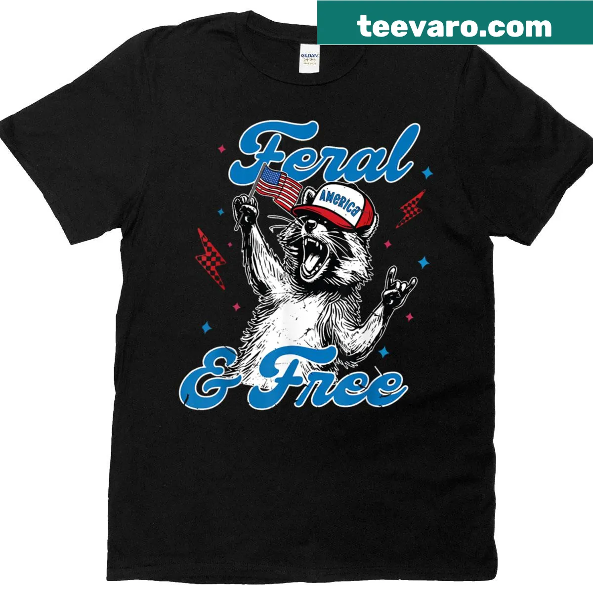 Fourth of July t-shirt with raccoon and American flag illustration — on a men's t-shirt