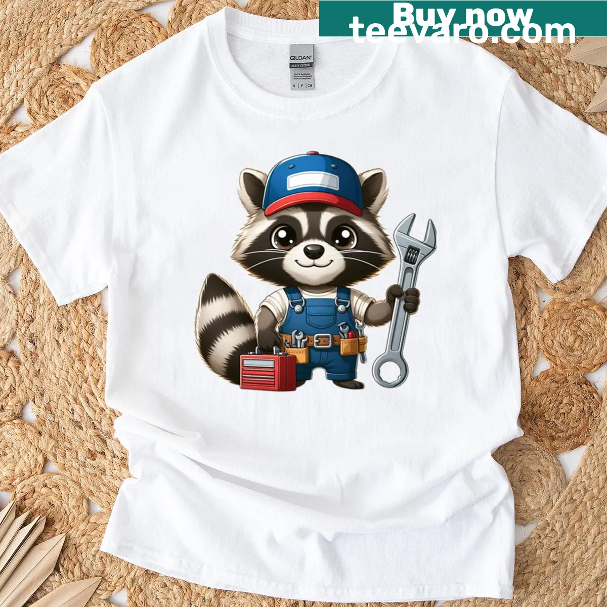 Cartoon raccoon dressed as a mechanic on a T-shirt. — on a men's t-shirt