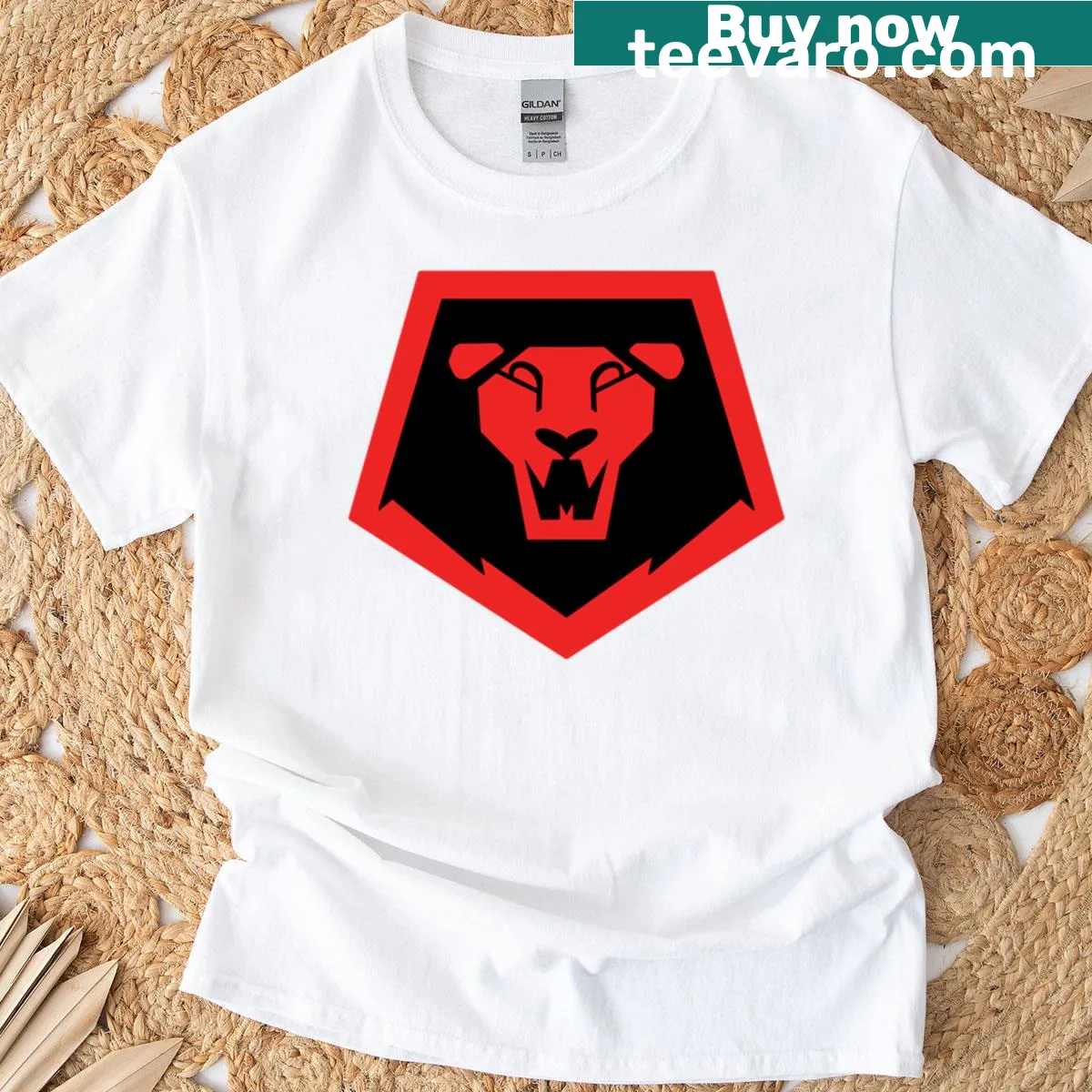 Oversized red demon logo t-shirt for Saja Boys fans — on a men's t-shirt