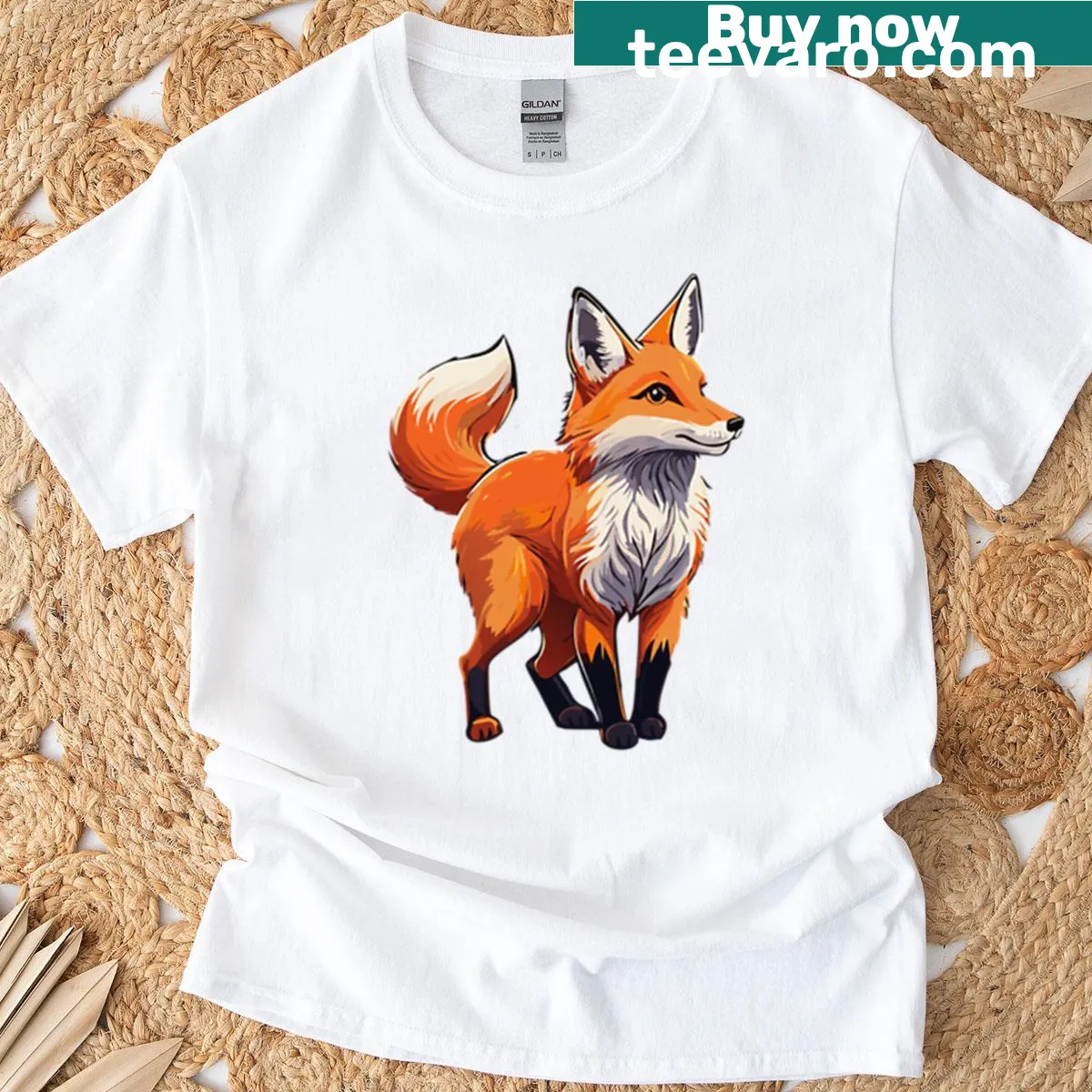 Illustration of a cute red fox with a fluffy tail walking in a forest setting — on a men's t-shirt