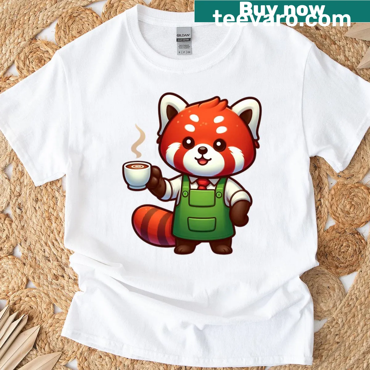 Cute red panda barista oversized t-shirt with coffee illustration — on a men's t-shirt