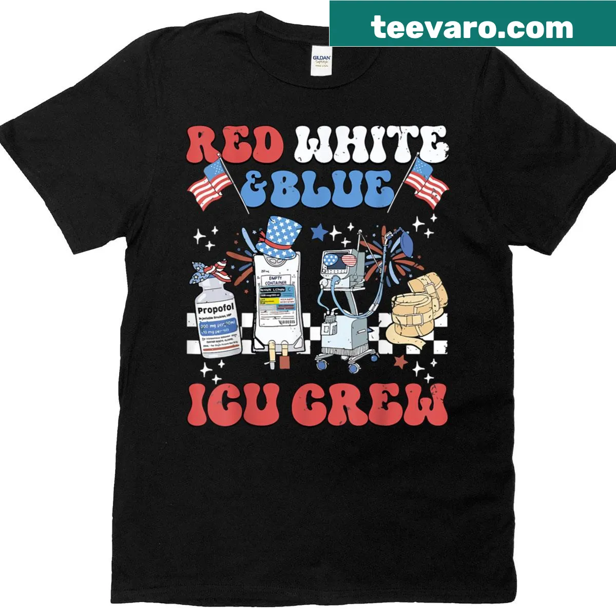 ICU Crew American Nurse t-shirt featuring July 4th theme — on a men's t-shirt