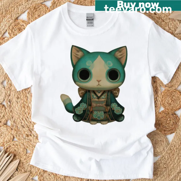 Vintage-style T-shirt with a regal cat in a kimono illustration