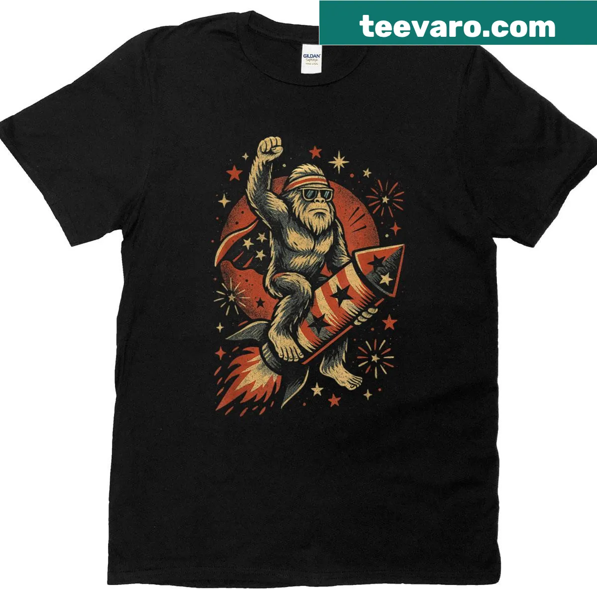 Retro Bigfoot T-shirt with fireworks and American flag illustration — on a men's t-shirt