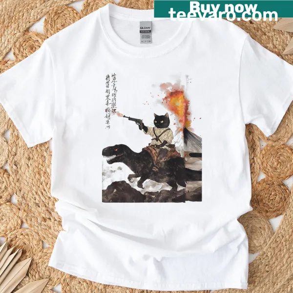 Cat dinosaur art print T-shirt with retro calligraphy design