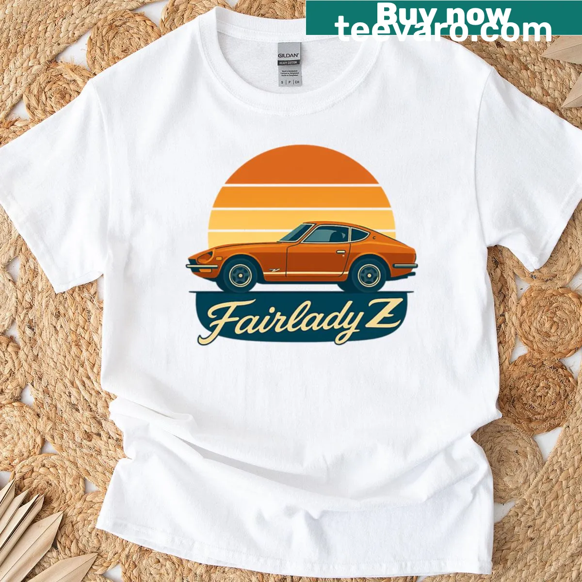 Retro Fairlady Z graphic T-shirt with sunset cruiser design — on a men's t-shirt