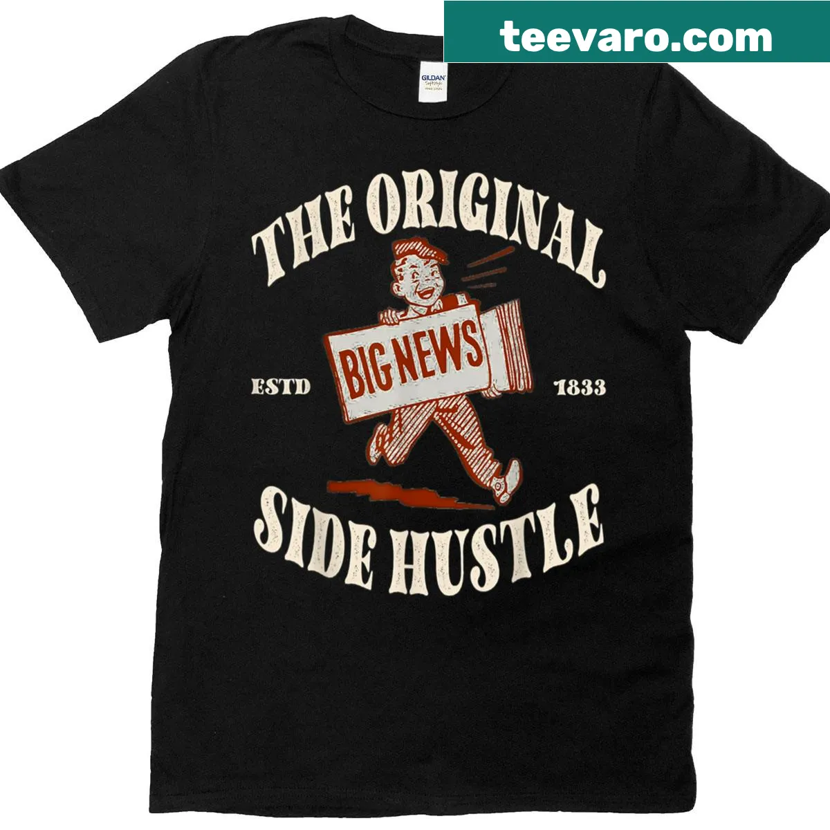 Retro newspaper boy graphic on classic T-shirt design — on a men's t-shirt