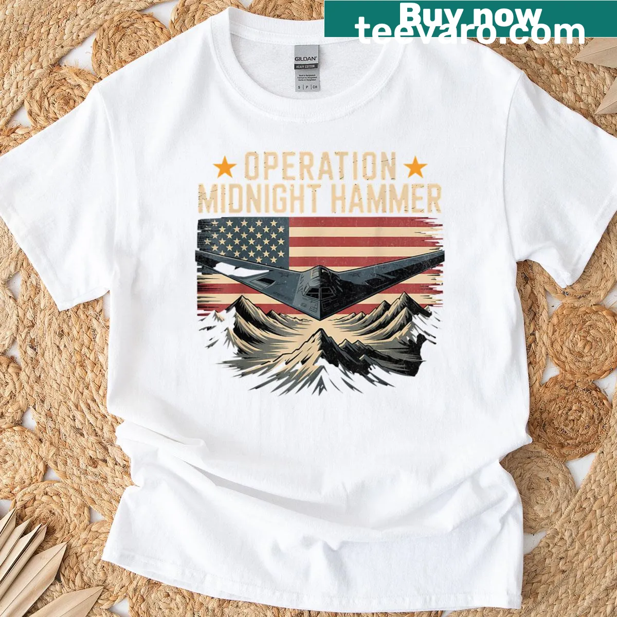 B-2 jet t-shirt featuring American flag design — on a men's t-shirt