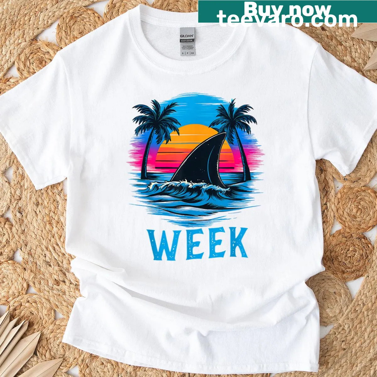 Retro shark fin graphic T-shirt celebrating Shark Week 2025 — on a men's t-shirt