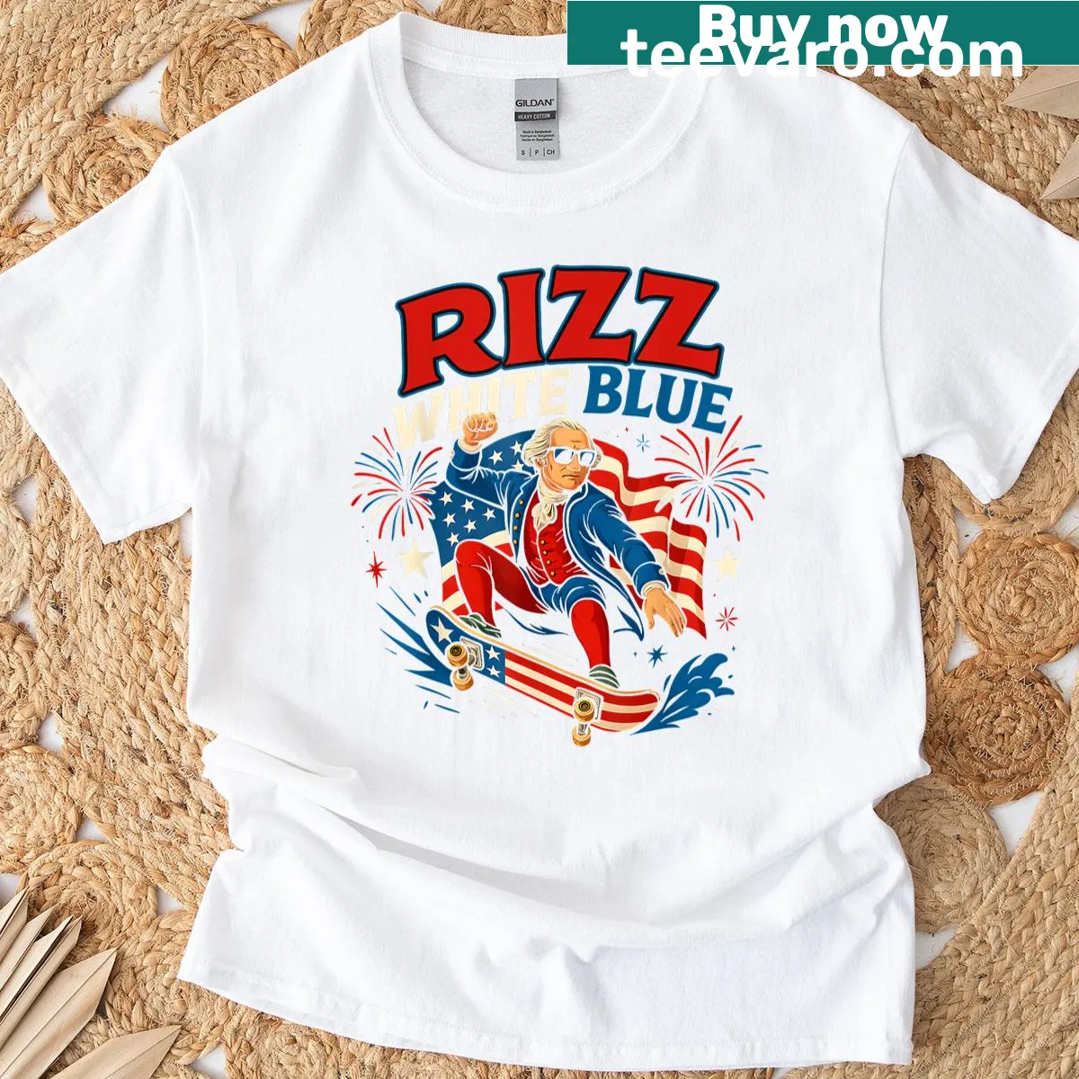 Patriotic T-shirt featuring George Washington in white and blue colors — on a men's t-shirt