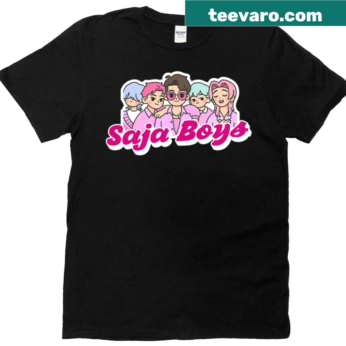 Cute cartoon style graphic of Saja Boys on a t-shirt — on a men's t-shirt