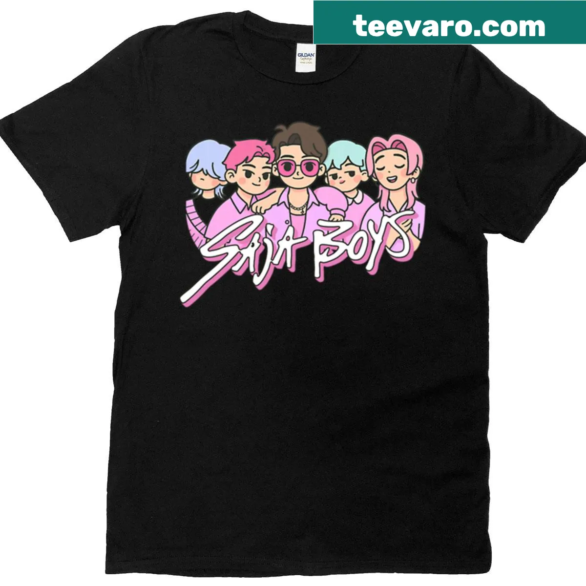 Cute cartoon T-shirt design with Saja Boys logo and sticker style — on a men's t-shirt